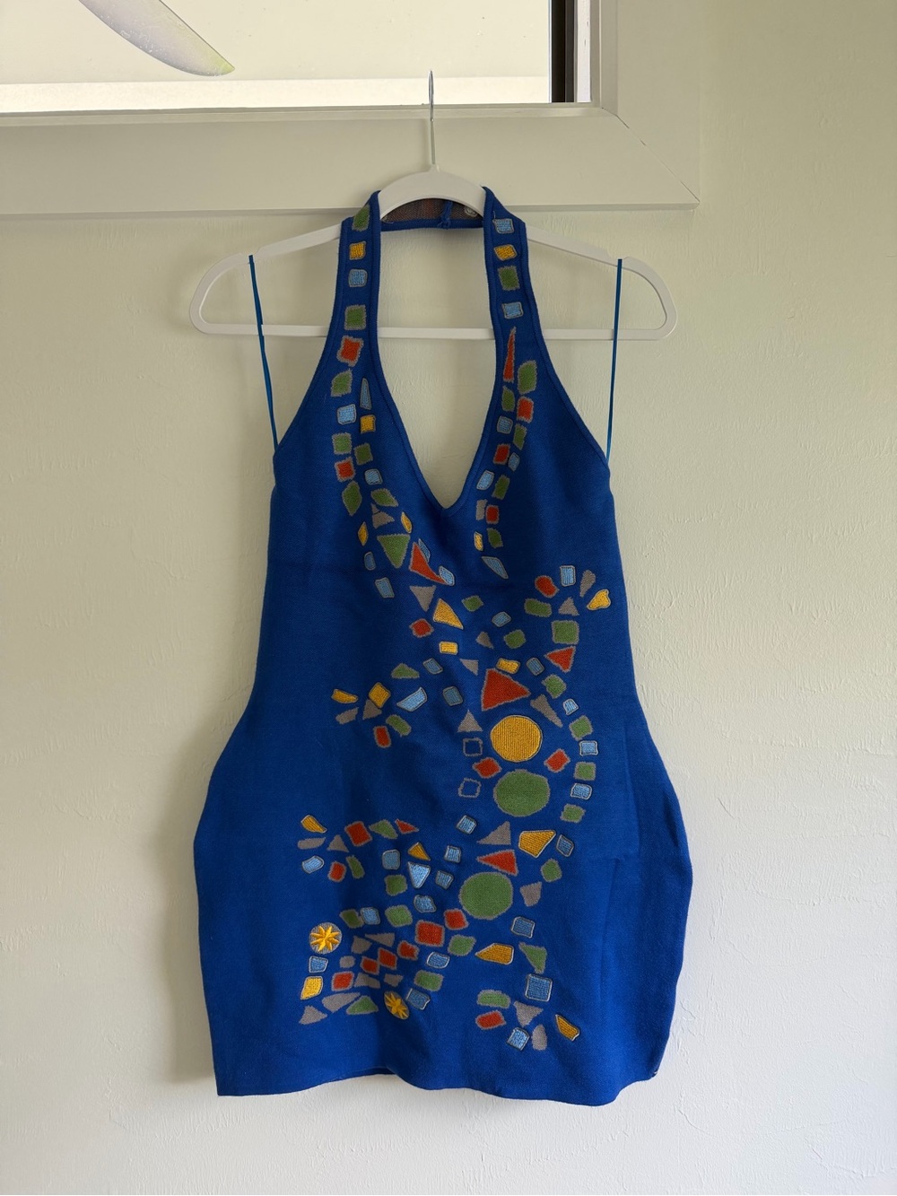 Blue Halter Mini Dress with Colorful Mosaic Accents